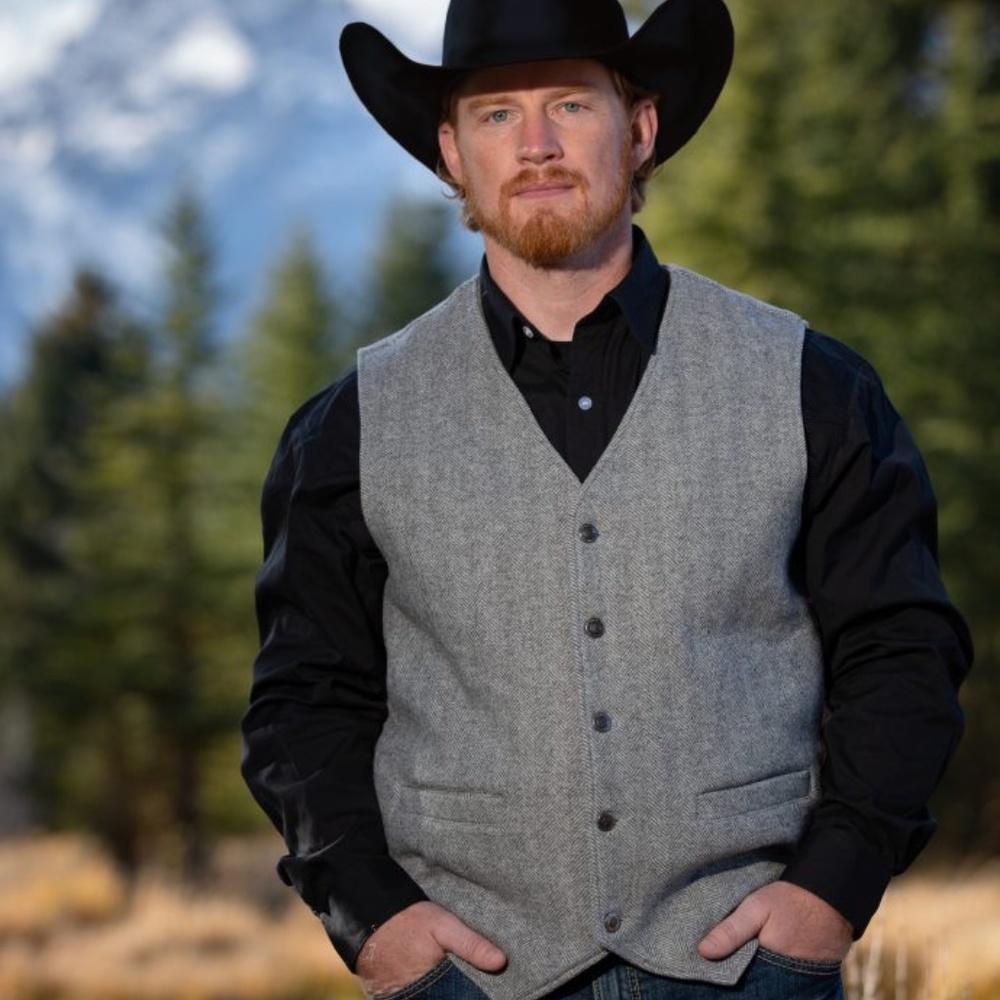 WYOMING TRADERS MENS DOC HOLIDAY HOUNDSTOOTH WOOL COWBOY RANCH VEST -  SILVER